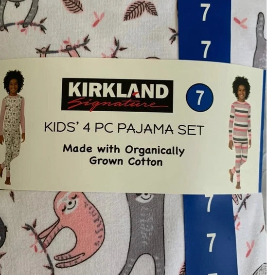 Kirkland Signature kids’ SLOTH AND STRIPE 4 Pc Pajama Set(PINKS/GRAY 3T)NWT