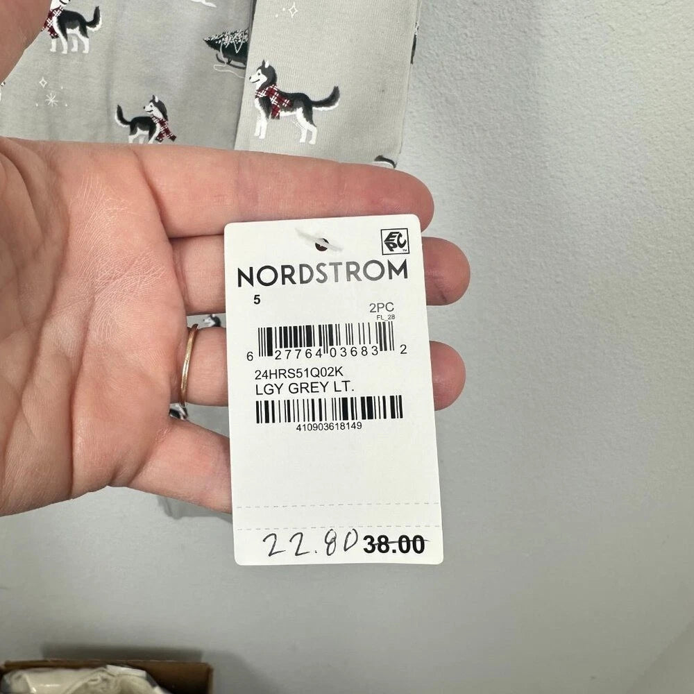 Petit Lem Holiday Light Grey Husky Dog Winter Holiday 2 Piece Pajama Set NWT