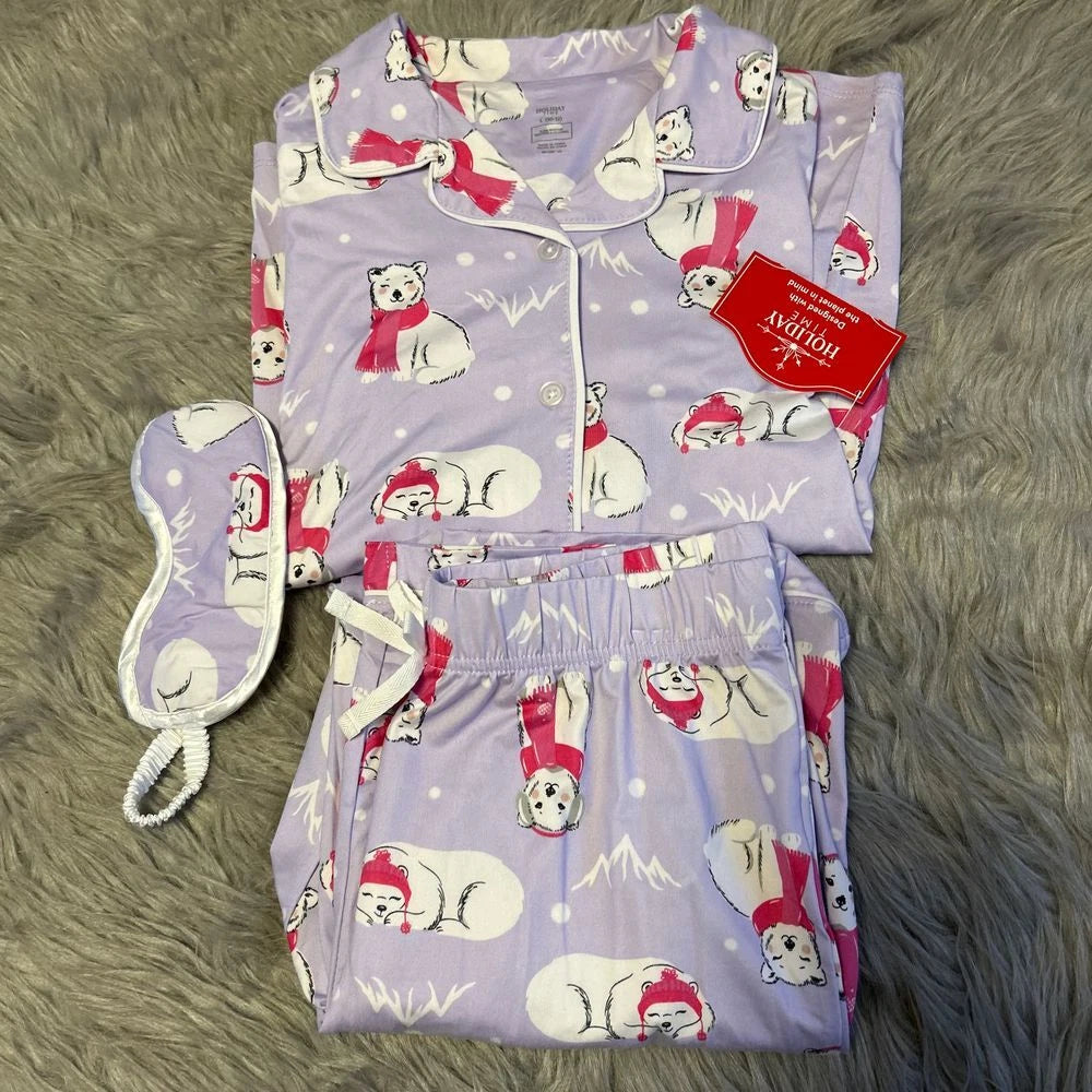 Holiday Time Three Piece Pajama Set Girls Size Large 10-12 Purple Polar Bear Pjs