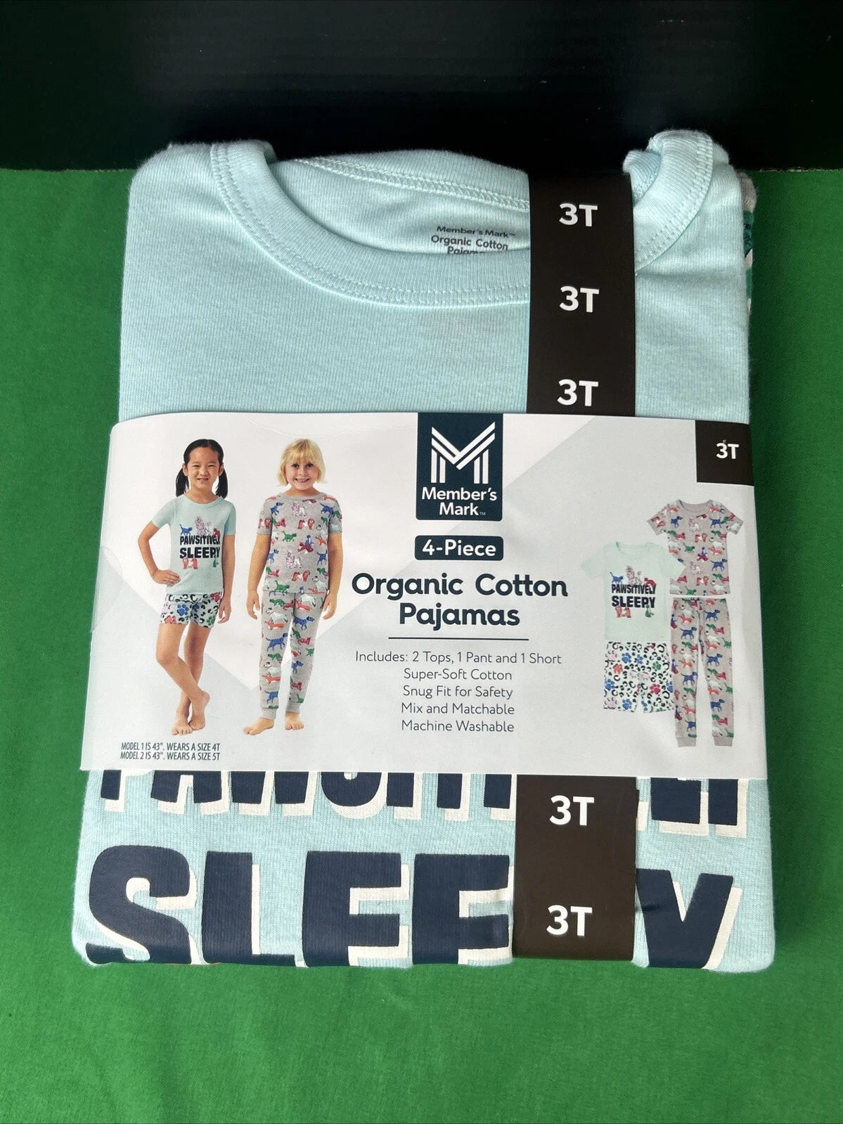 Member's Mark Girls 4-Piece Organic Cotton Pajama Set Size 3T Dog and Cats