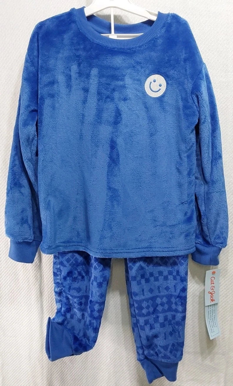 Cat & Jack XS (4/5) Blue 'Smiley Fair Isle' Long Sleeve 2 Piece Fleece Pajama