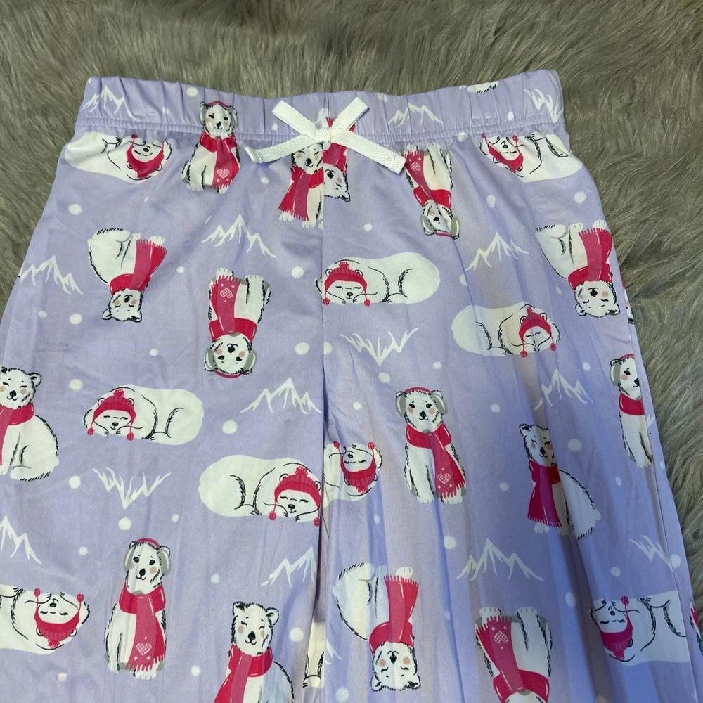 Holiday Time Three Piece Pajama Set Girls Size Large 10-12 Purple Polar Bear Pjs