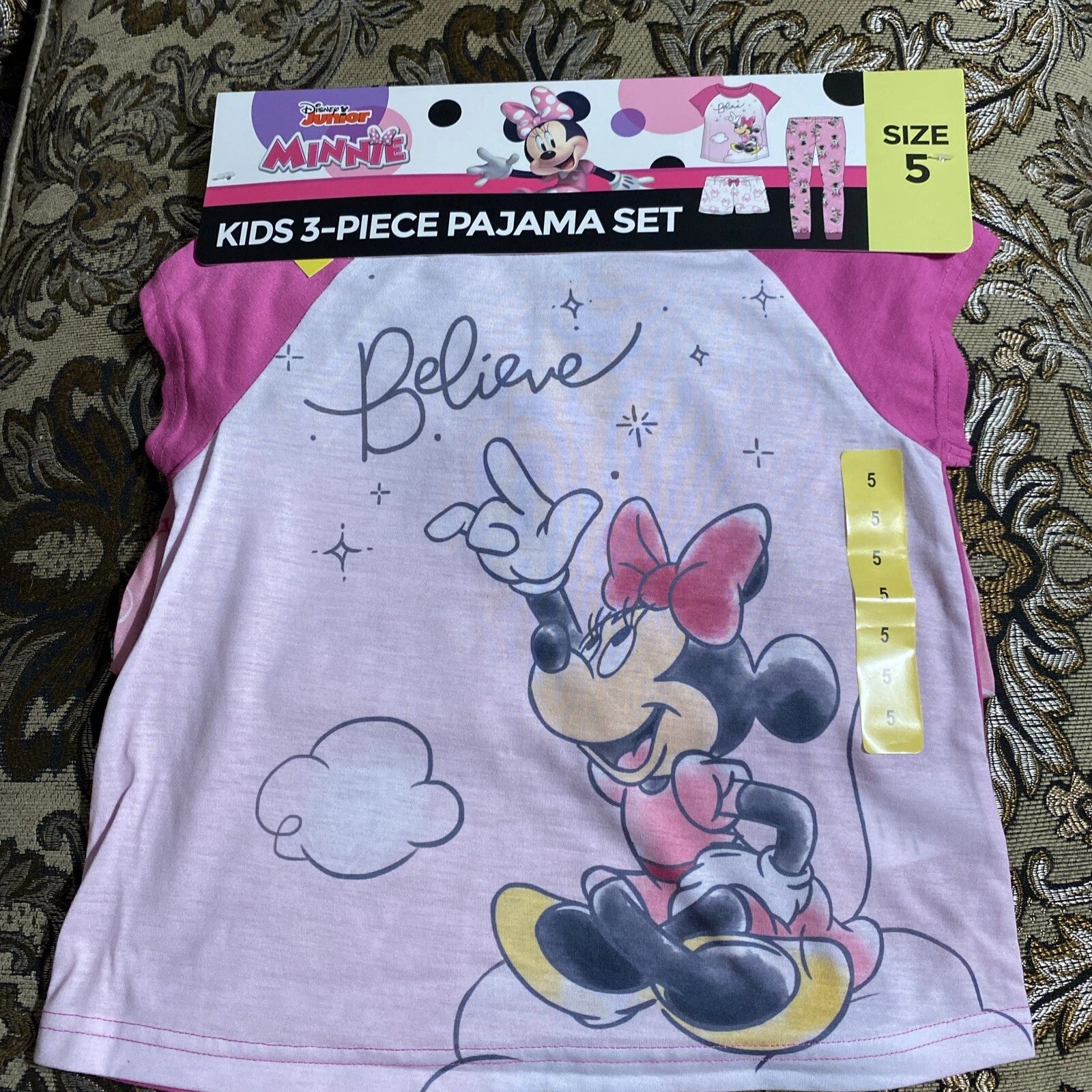 Disney Junior Minnie Mouse Believe Girls kids 3 Piece Pajama Set Pink Size 5