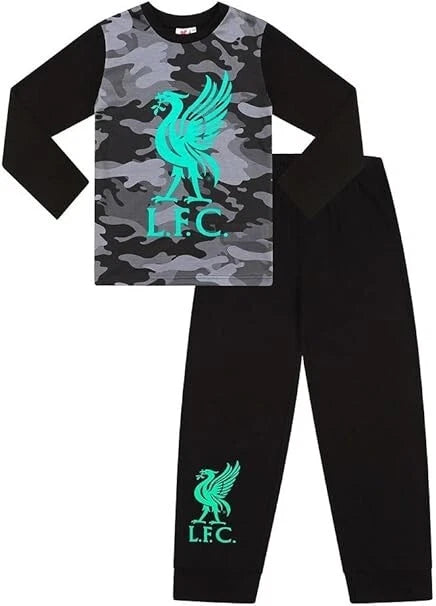 Boys Liverpool Football Club Black Green Camouflage Long Pyjama Set 6-7yrs