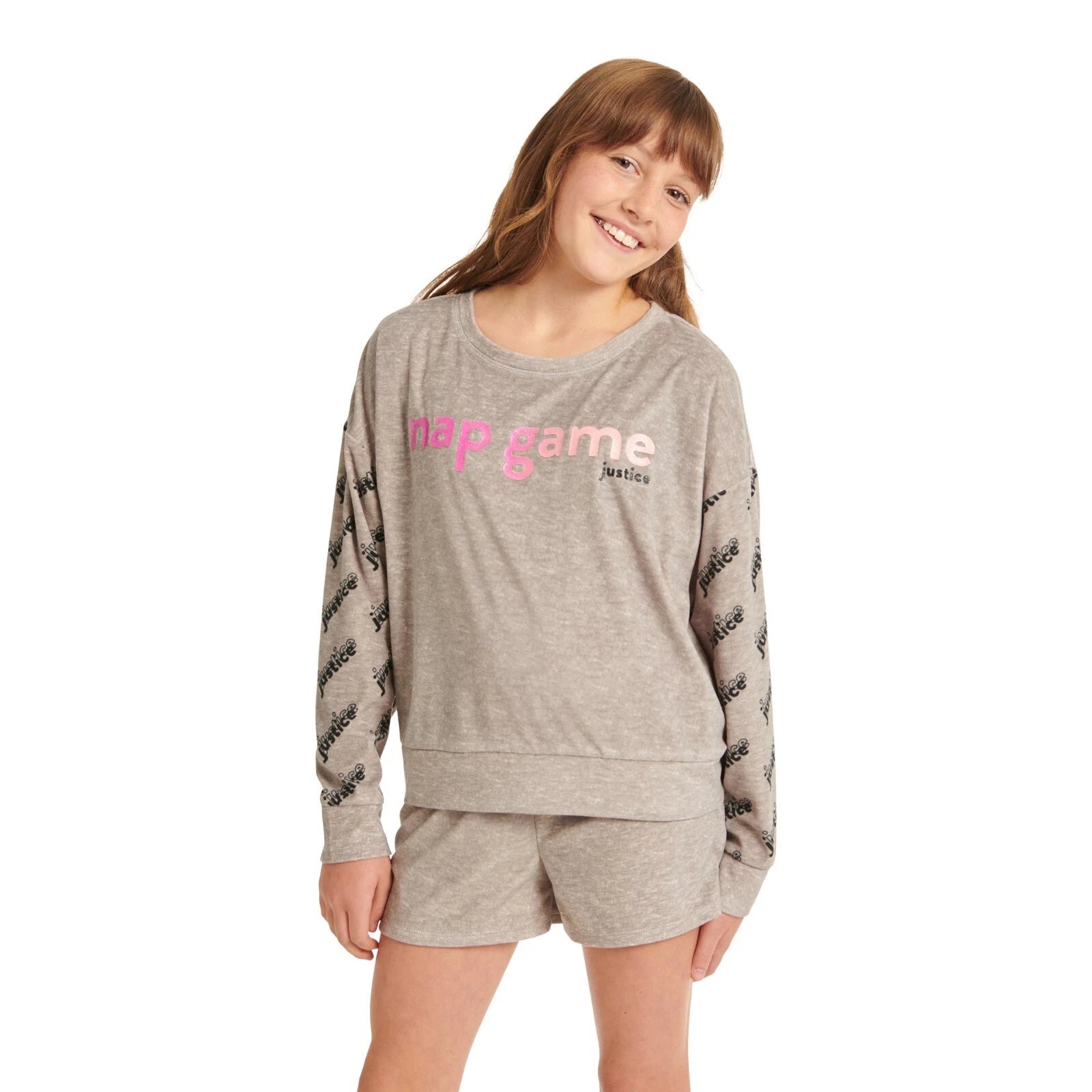 Justice Girls L 12-14 Cozy Fleece Long Sleeve Top & Sleep Short Pajama Set NWT