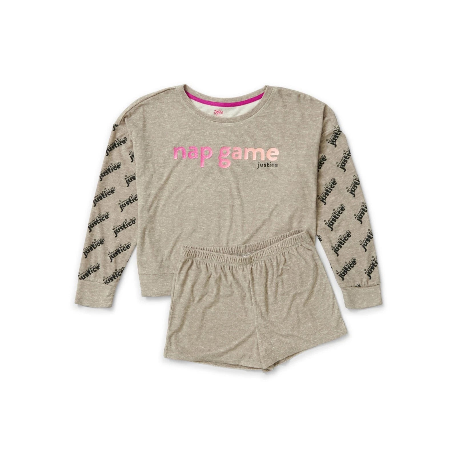Justice Girls L 12-14 Cozy Fleece Long Sleeve Top & Sleep Short Pajama Set NWT