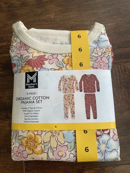 NWT  MEMBERS MARK GIRLS 4PC ORGANIC COTTON PAJAMA SET SIZE6 VINTAGE FLOWER
