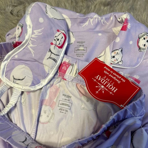 Holiday Time Three Piece Pajama Set Girls Size Large 10-12 Purple Polar Bear Pjs