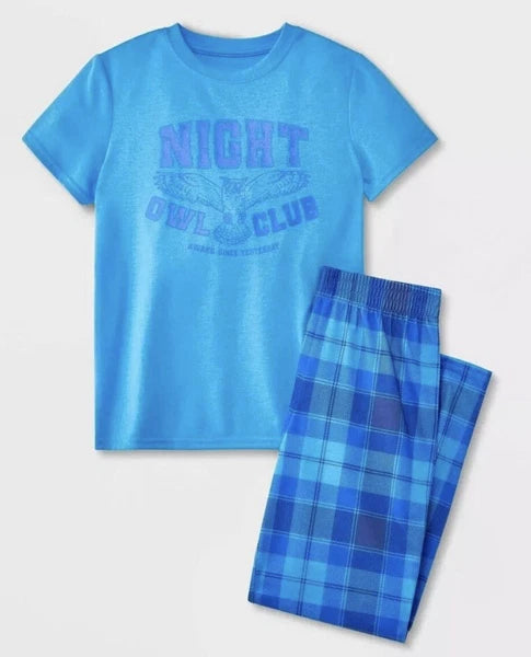 Nwt Boys Cat & Jack Pajamas Blue Plaid With Owl Size 16/18