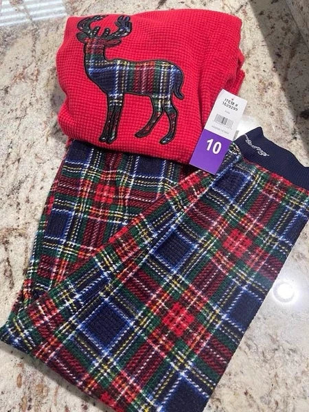 Eddie Bauer Holiday  Reindeer  Boy Or Girl Red Plaid Pajama  Set Size 10 New
