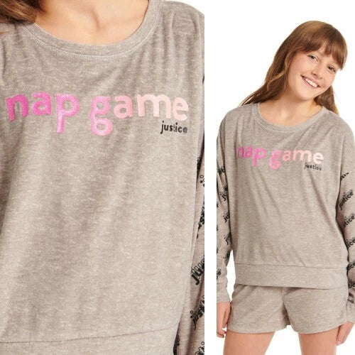 Justice Girls L 12-14 Cozy Fleece Long Sleeve Top & Sleep Short Pajama Set NWT