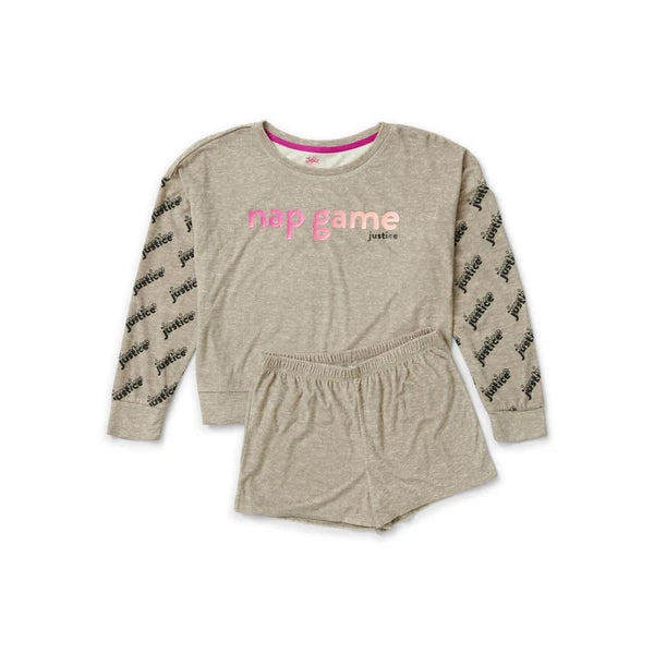 Justice Girls L 12-14 Cozy Fleece Long Sleeve Top & Sleep Short Pajama Set NWT