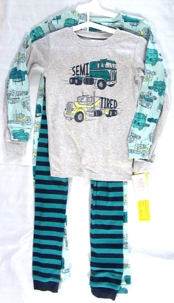NEW MSRP $22 Boys Carter's 4 Piece TRUCKS Pajamas Set Green Blue Gray - Size 8