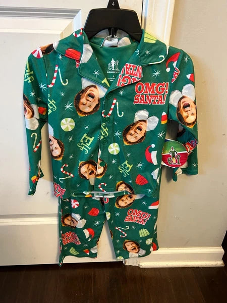 Kids Will Ferrell Elf Movie GREEN 2 Piece Button Up Pajama Set NWT size 4 NEW!