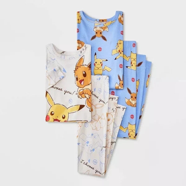 NEW Girls' Pokémon Pikachu & Eevee 4pc Long Sleeve Snug Fit Pajama Set - Size 10