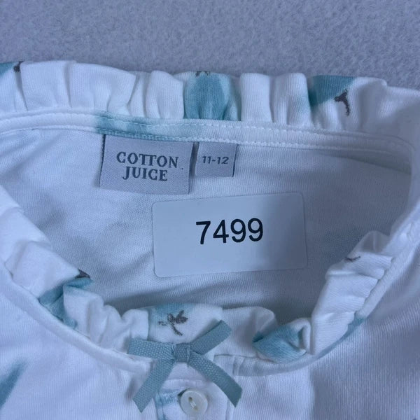 Cotton Juice Pajama Set Children's Size 11-12 White w/ Blue Leaves & Bows