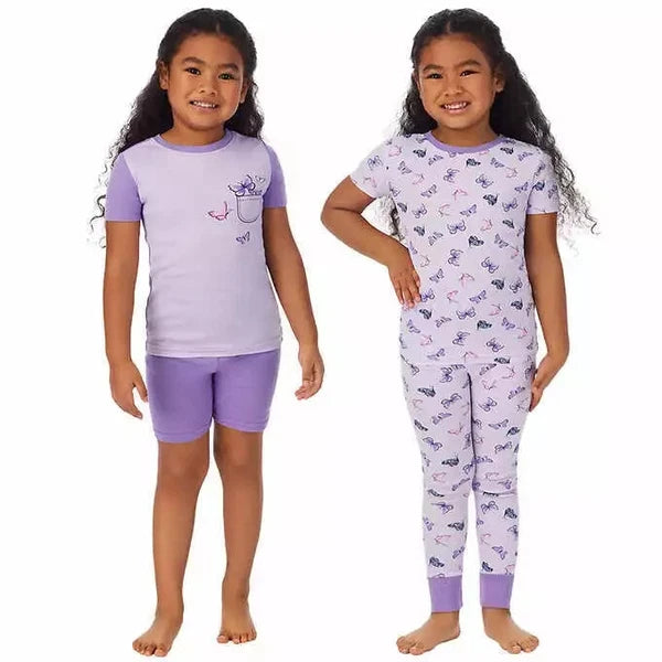 NEW Kirkland Signature Girls 4-Piece Cotton Pajama Set, Purple Butterfly, Size 6