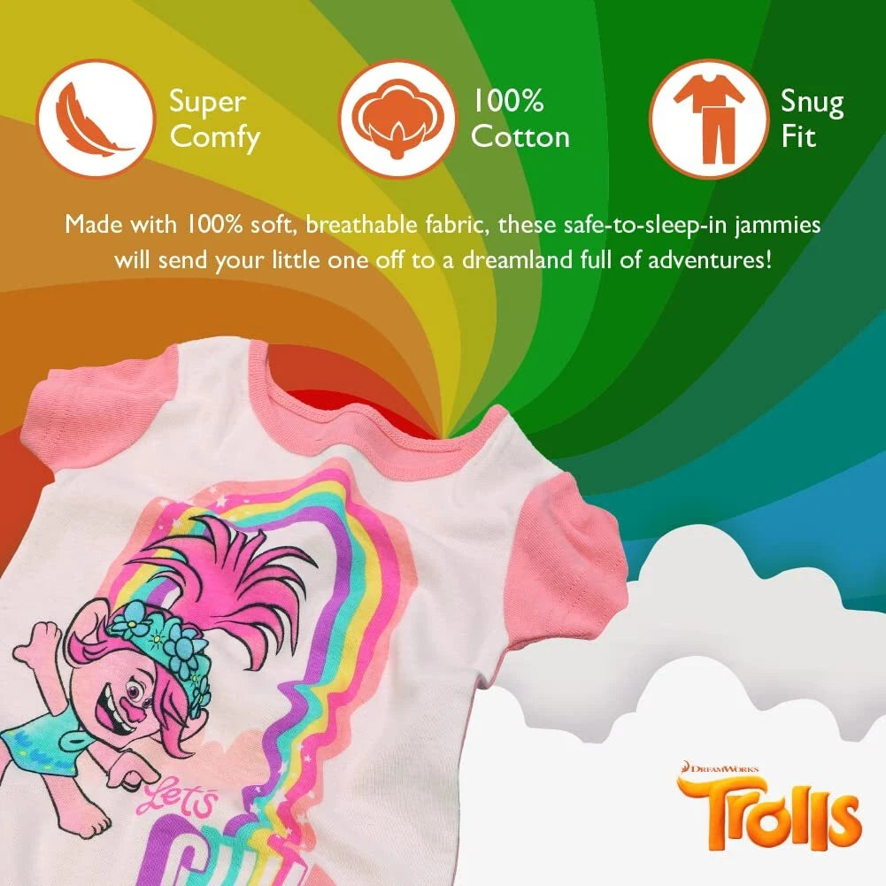 DreamWorks Girls' Little 4-Piece Trolls Pajama Set, LET'S CHILL, 3T