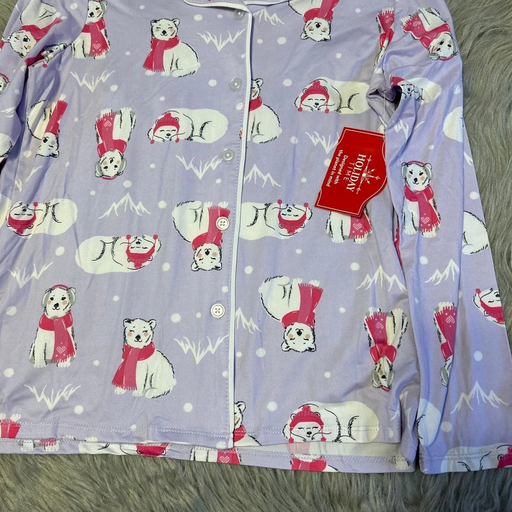 Holiday Time Three Piece Pajama Set Girls Size Large 10-12 Purple Polar Bear Pjs