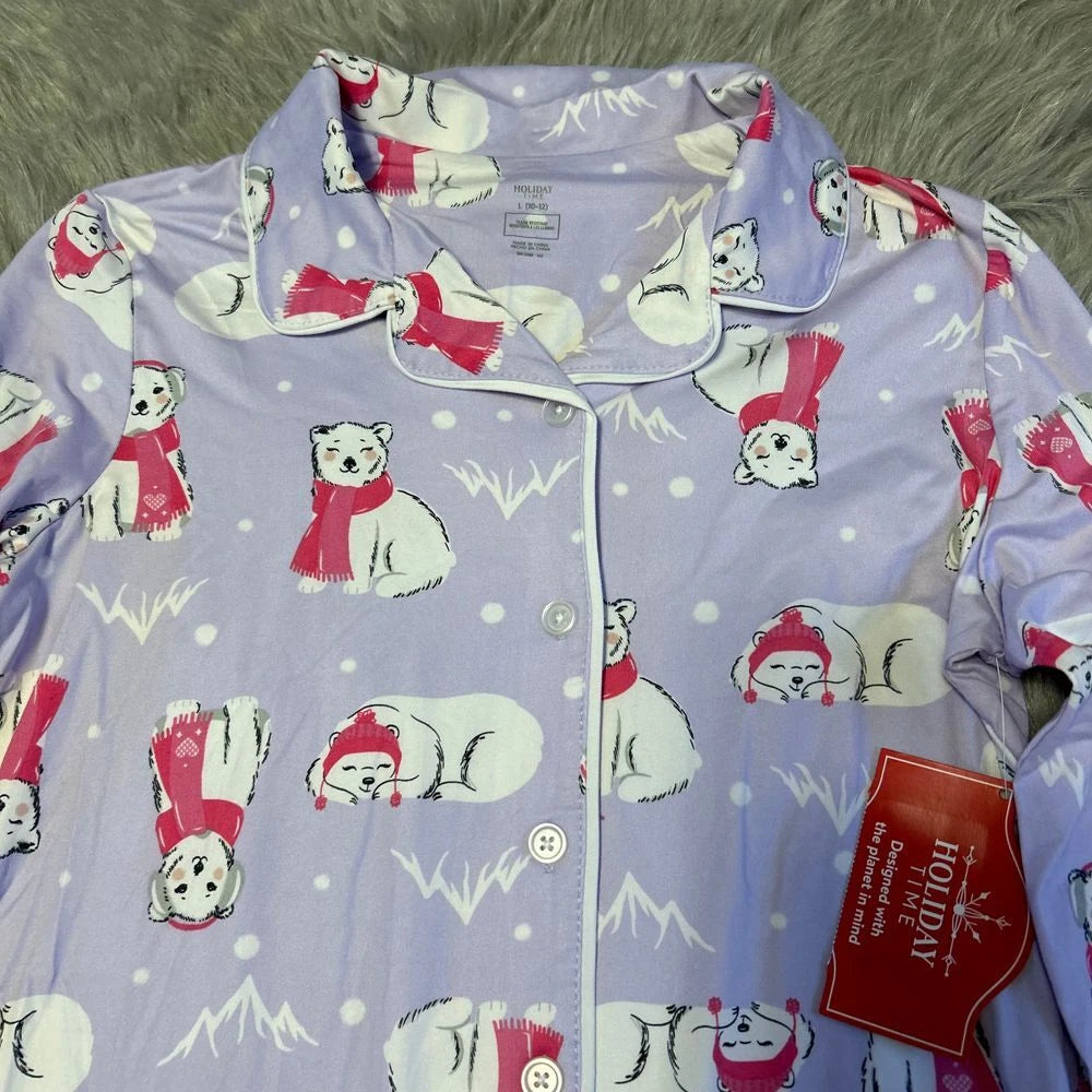 Holiday Time Three Piece Pajama Set Girls Size Large 10-12 Purple Polar Bear Pjs