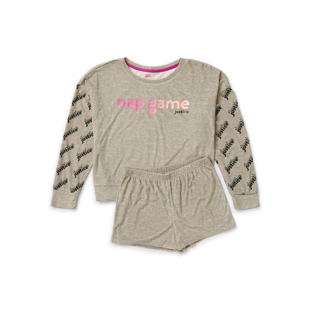 Justice Girls L 12-14 Cozy Fleece Long Sleeve Top & Sleep Short Pajama Set NWT