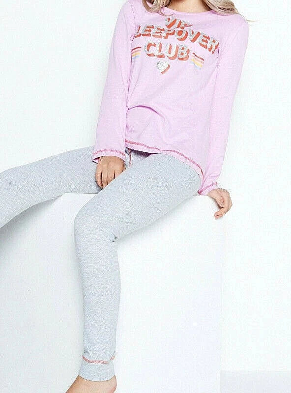 New Girls Pack of 3 Fierce Heart Pyjama Set Pink/Grey Marl Size 10-11 Years