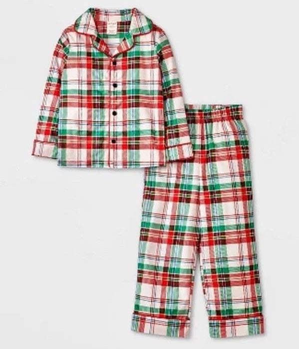 Kids Cat & Jack Unisex 2pc Pajama Set Cream Plaid XS (4/5) NWT
