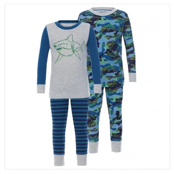KIRKLAND BOYS 4 PC SHARK/STRIPE PAJAMA SET (BLUE/GRAY/GREEN 4T)NWT