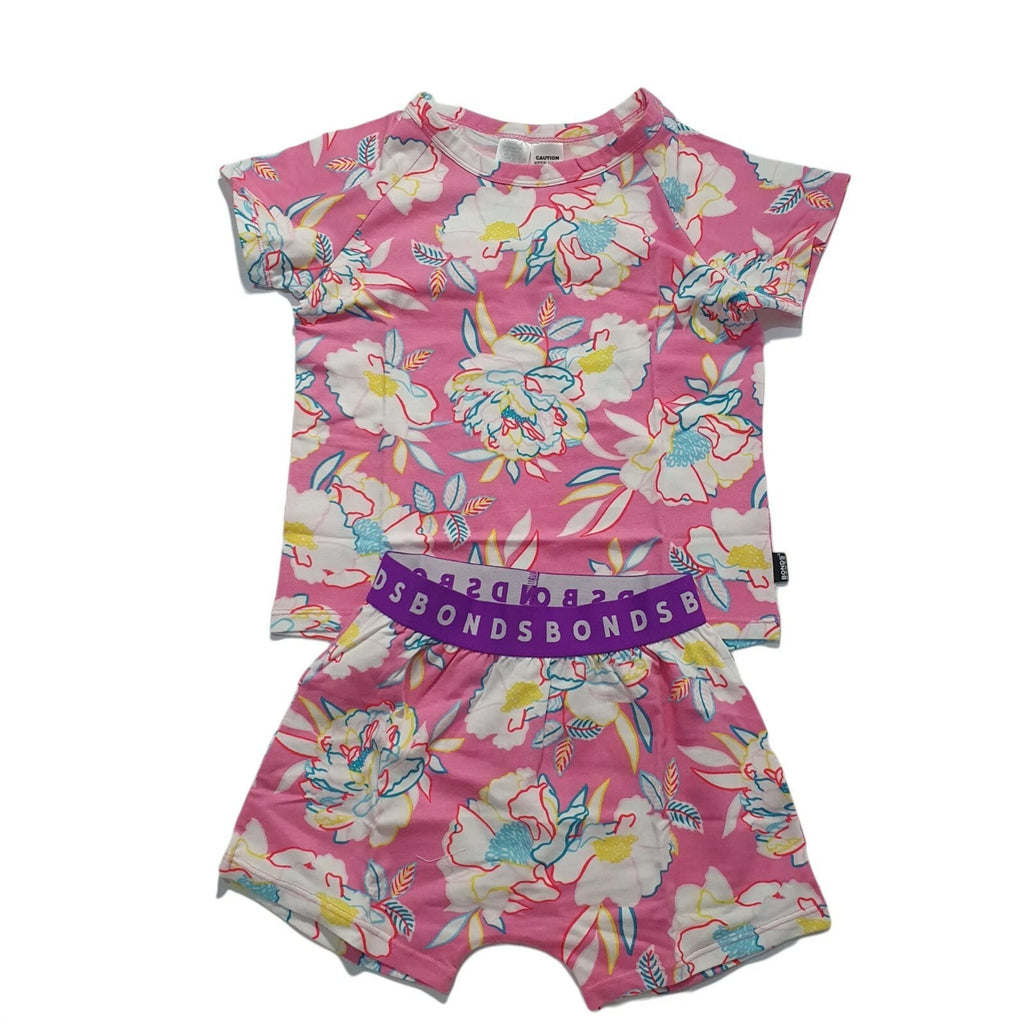 Bonds Kids Size 4 PJ Kids Sleep Short Set Girls Pink with Flowers print