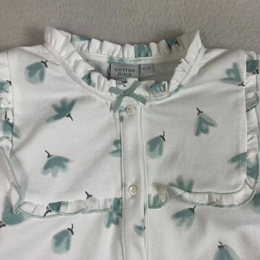 Cotton Juice Pajama Set Children's Size 11-12 White w/ Blue Leaves & Bows