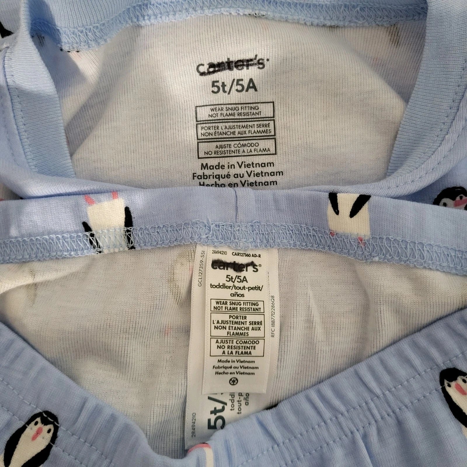NEW Carter's 4-Piece 100% Cotton Snug Fit Pajama Set Toddler 5T Blue Penguin Boy