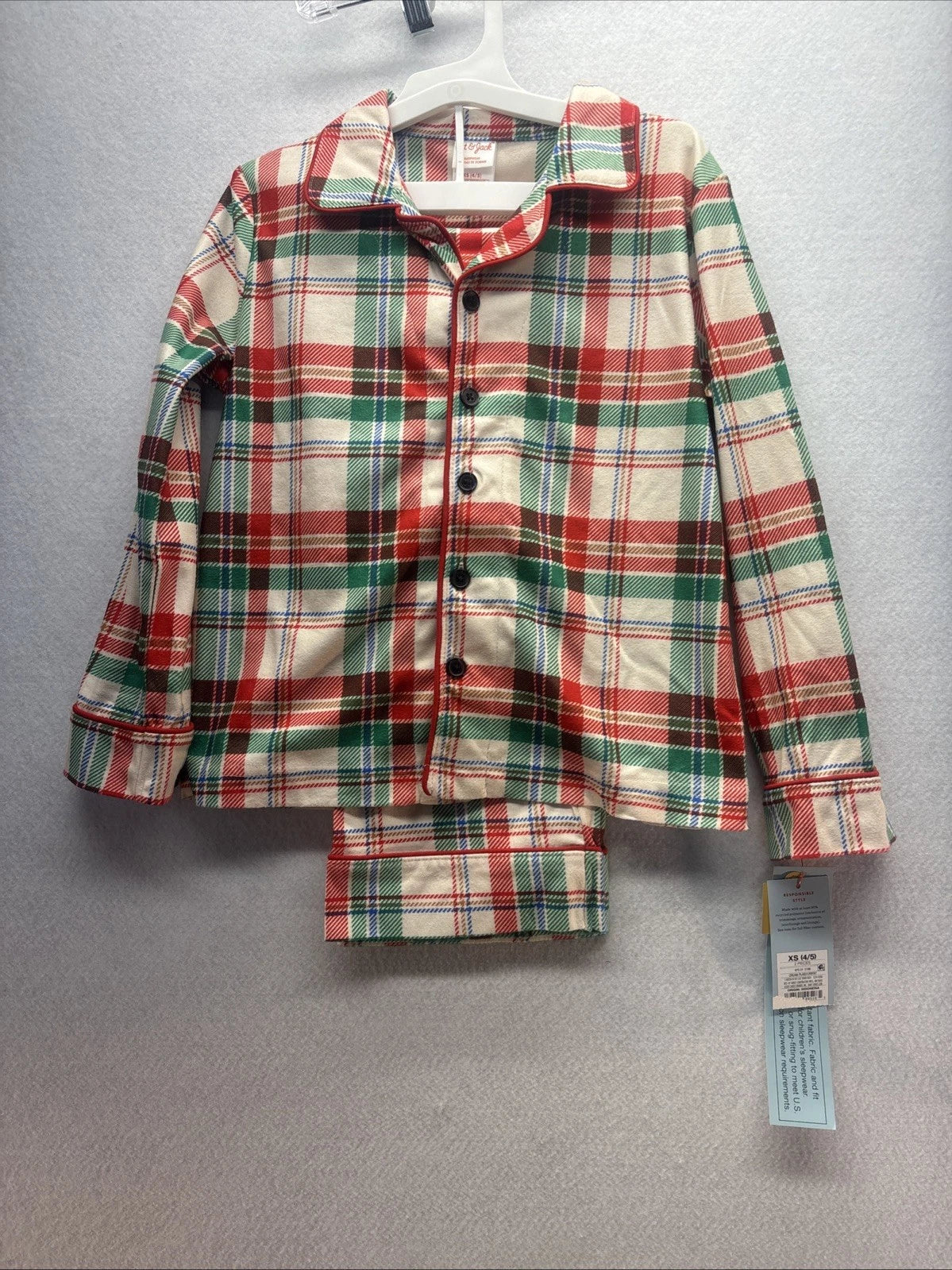 Kids Cat & Jack Unisex 2pc Pajama Set Cream Plaid XS (4/5) NWT