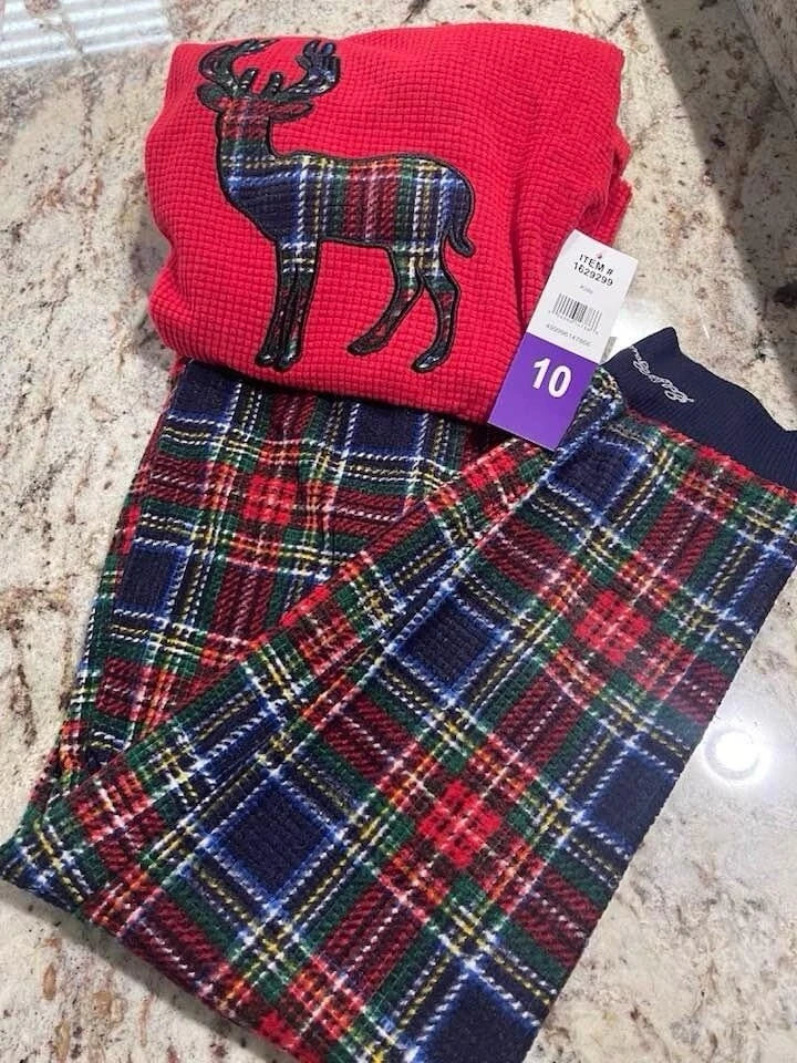Eddie Bauer Holiday  Reindeer  Boy Or Girl Red Plaid Pajama  Set Size 10 New