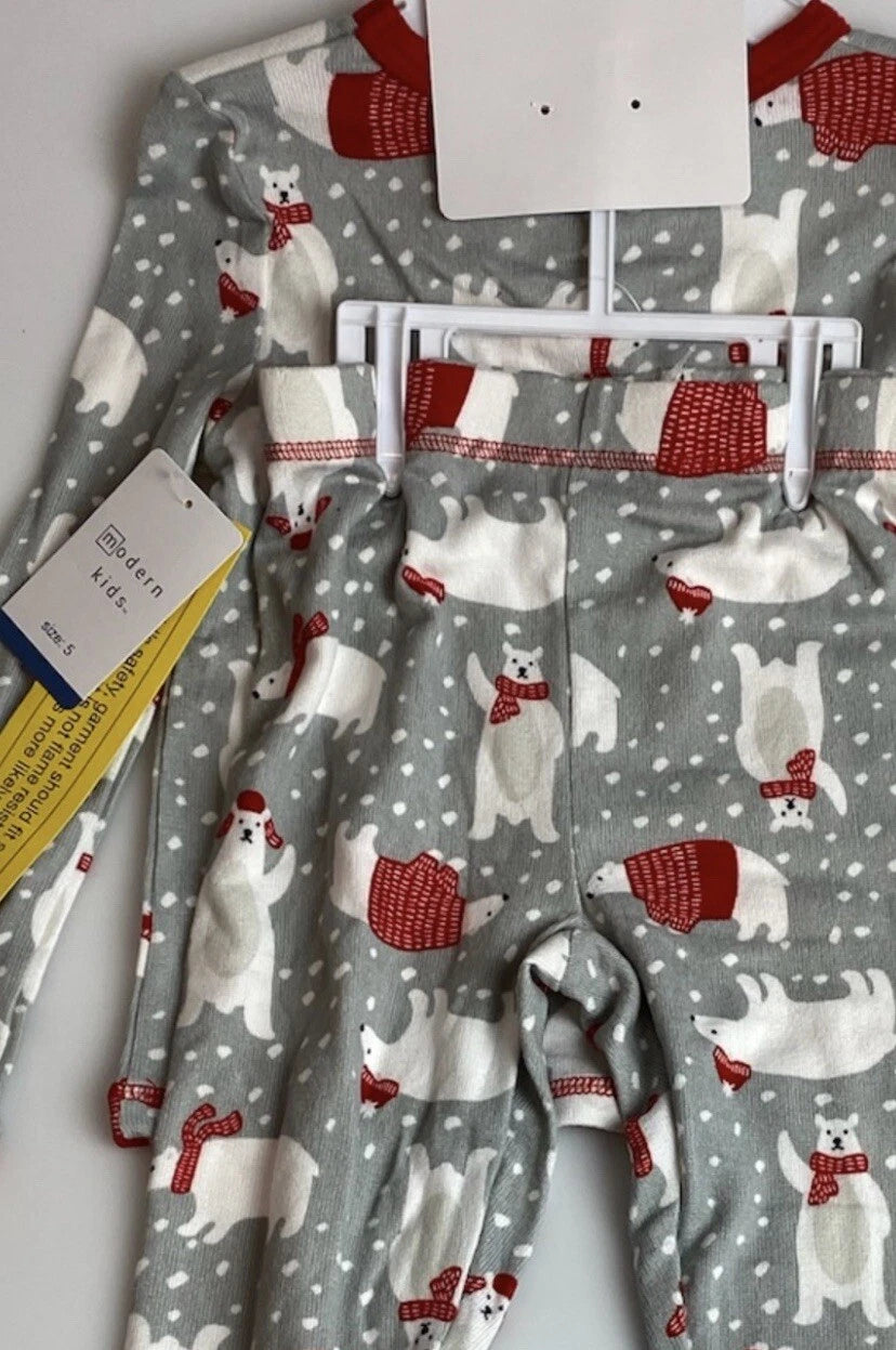 Modern Kids Unisex 3pc Pajama set - Polar Bear Design - Matching Socks -sz 5 NWT