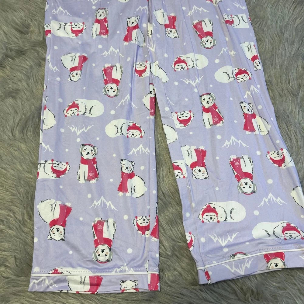 Holiday Time Three Piece Pajama Set Girls Size Large 10-12 Purple Polar Bear Pjs