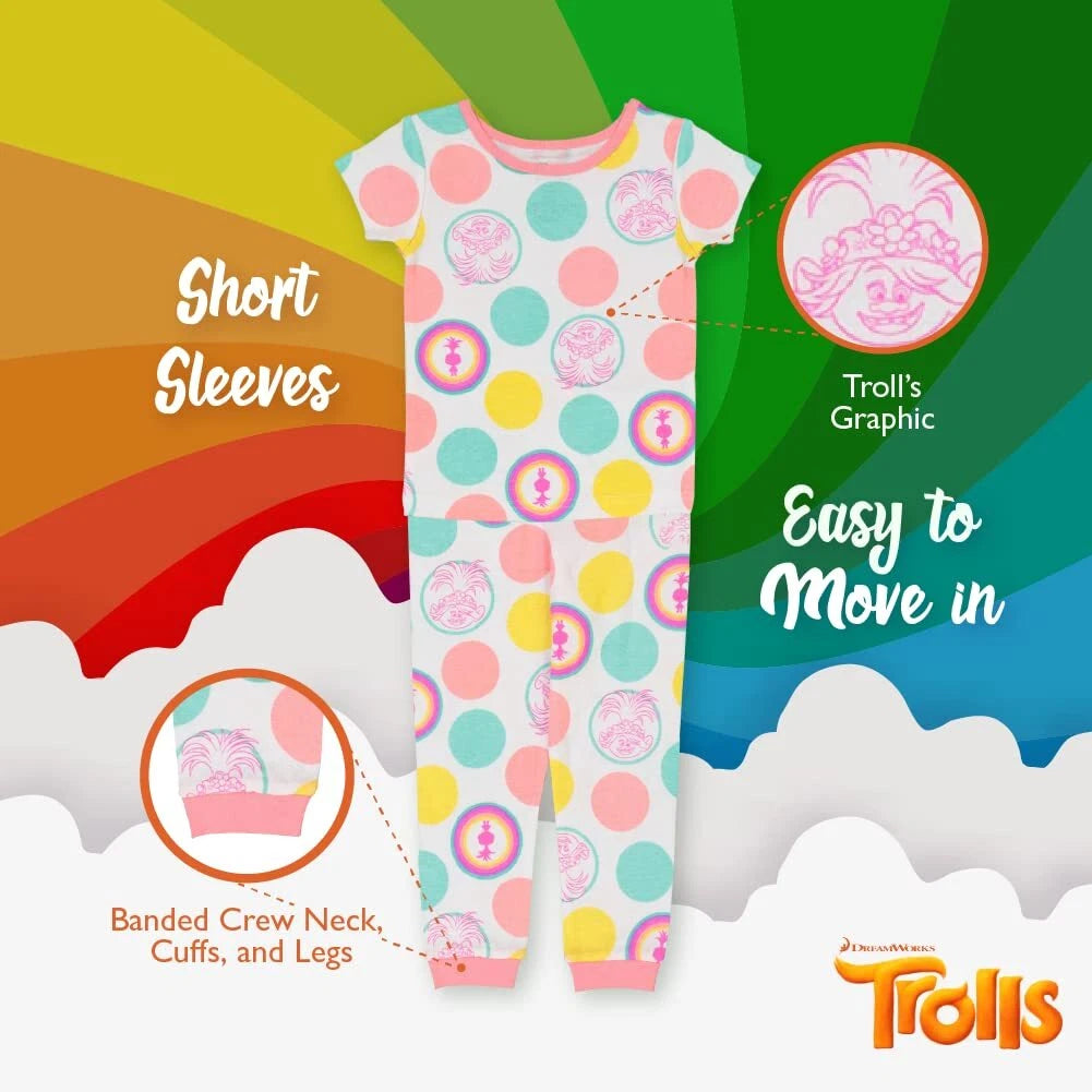 DreamWorks Girls' Little 4-Piece Trolls Pajama Set, LET'S CHILL, 3T