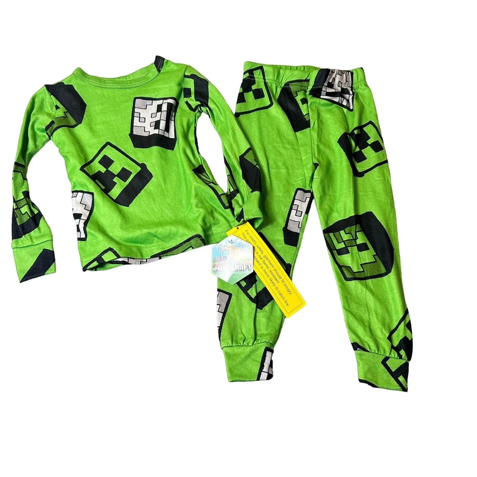 Minecraft Pajama Set Boys 4 Green Long Sleeve All Over Print 2 Set Pajama NEW