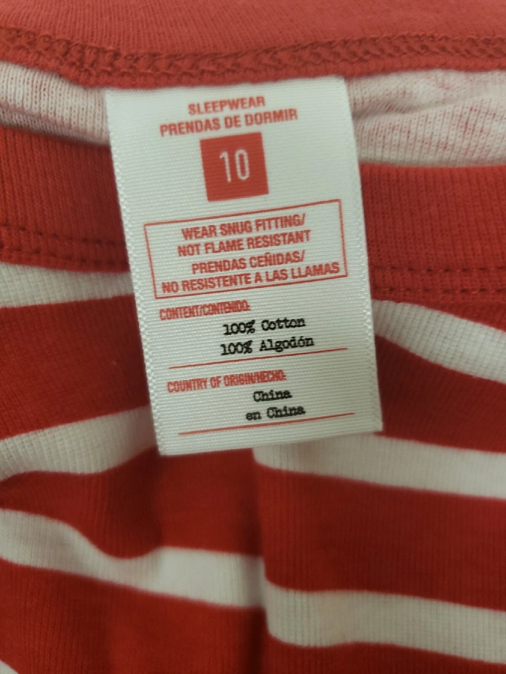 Unbranded Kids 2 Pc Red & White Striped Pajama Set Cotton Elastic Sz 10 NWT