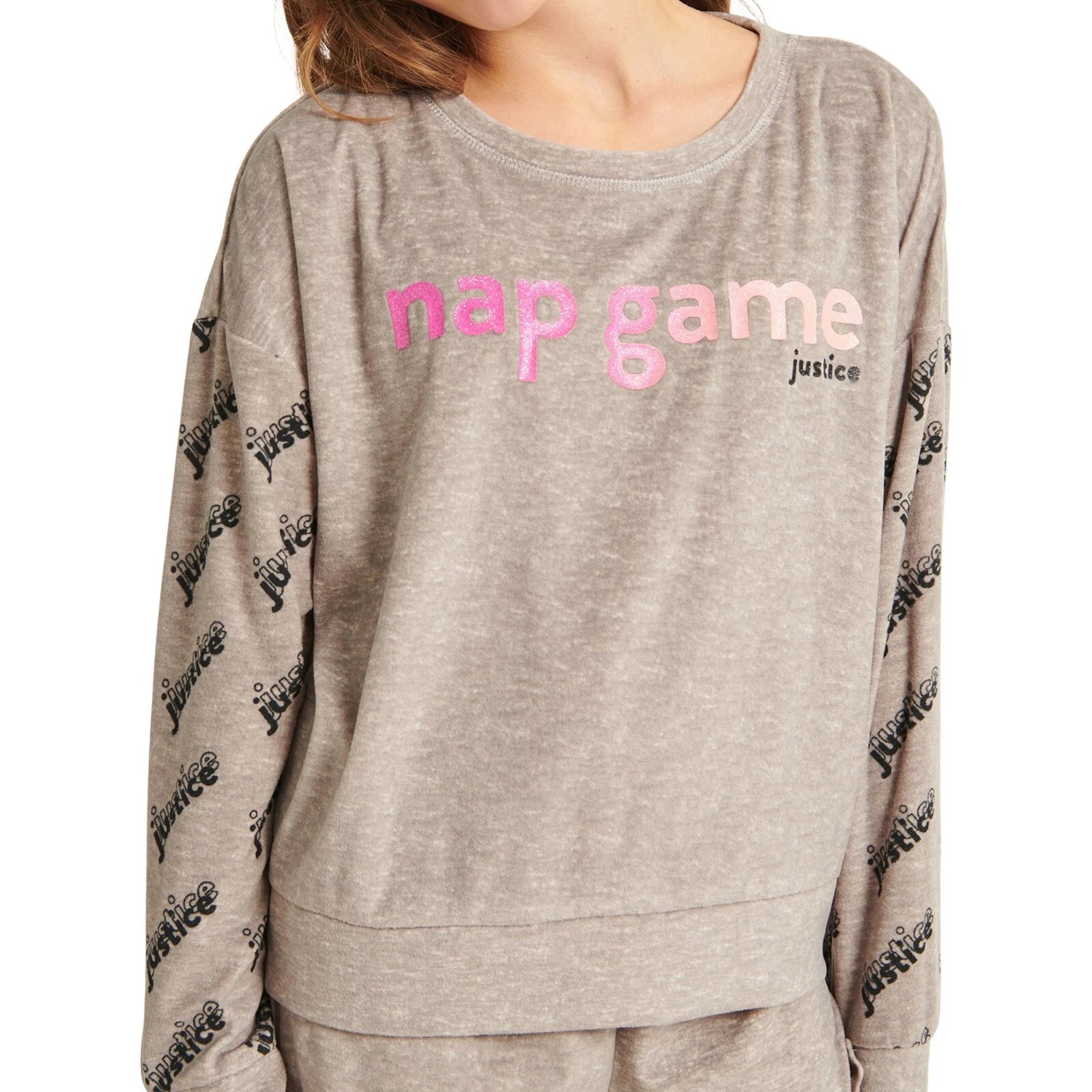 Justice Girls L 12-14 Cozy Fleece Long Sleeve Top & Sleep Short Pajama Set NWT