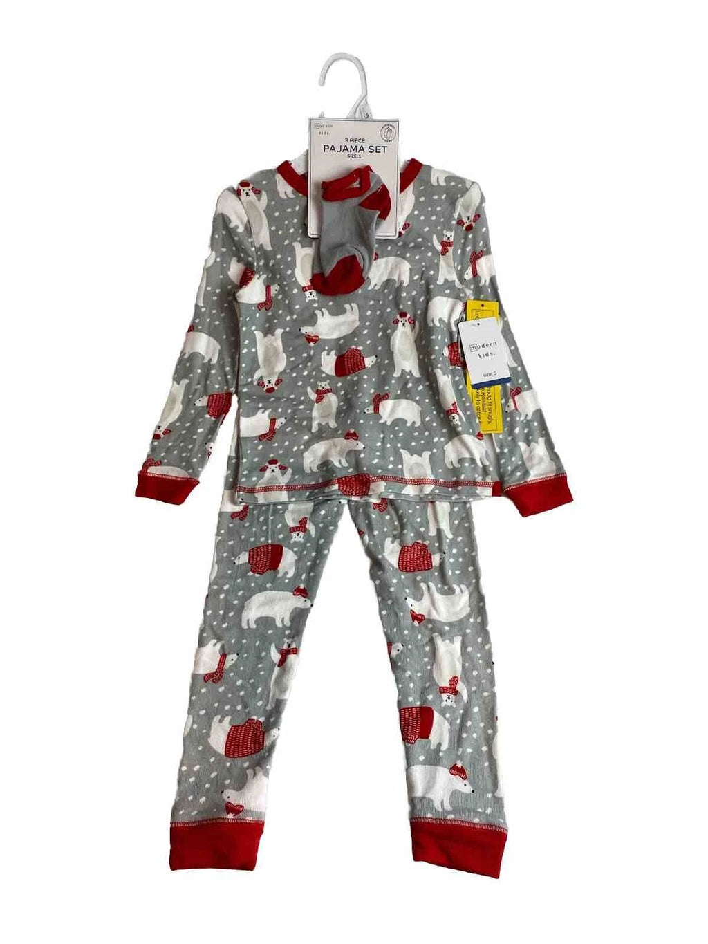 Modern Kids Unisex 3pc Pajama set - Polar Bear Design - Matching Socks -sz 5 NWT