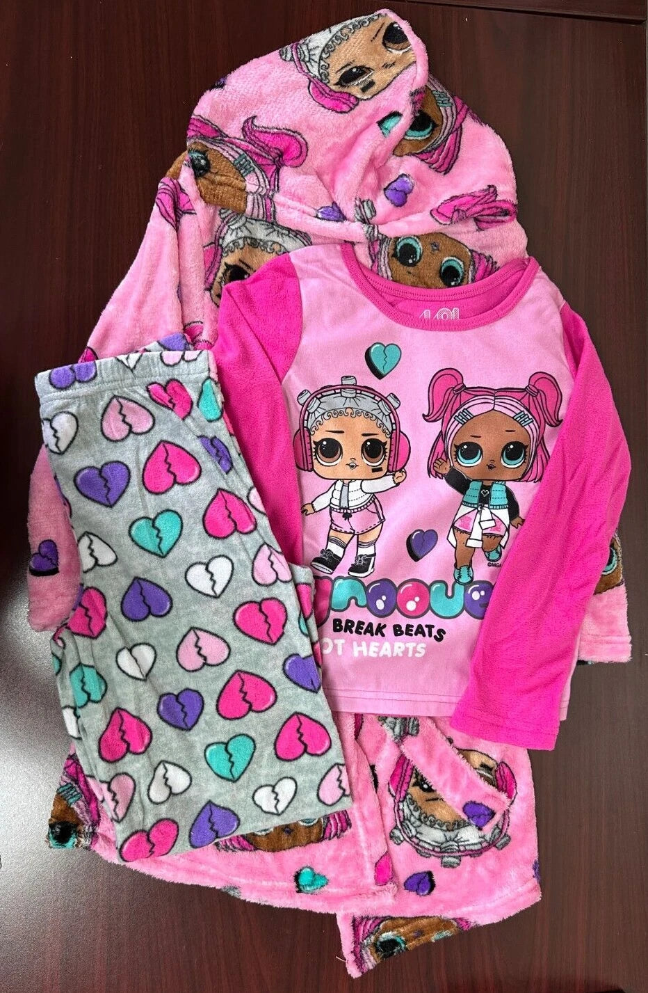 LOL Surprise Plush Hooded Robe & 2 Piece Pajama Set Small Size 6 -NEW-