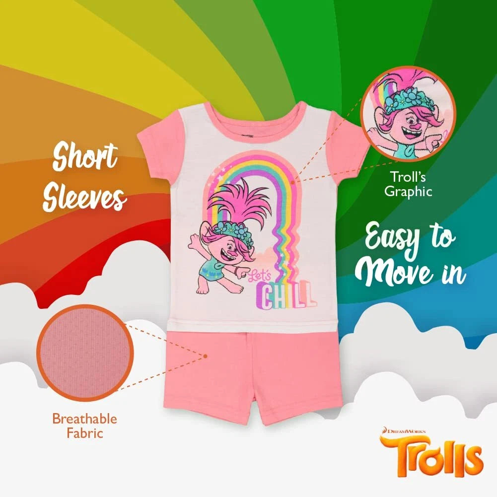 DreamWorks Girls' Little 4-Piece Trolls Pajama Set, LET'S CHILL, 3T