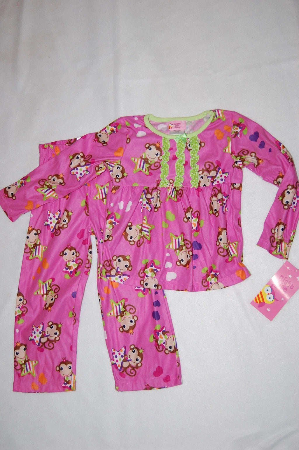 Toddler Girls Flannel Pajama Set PINK Monkeys Stars Ruffles 2T