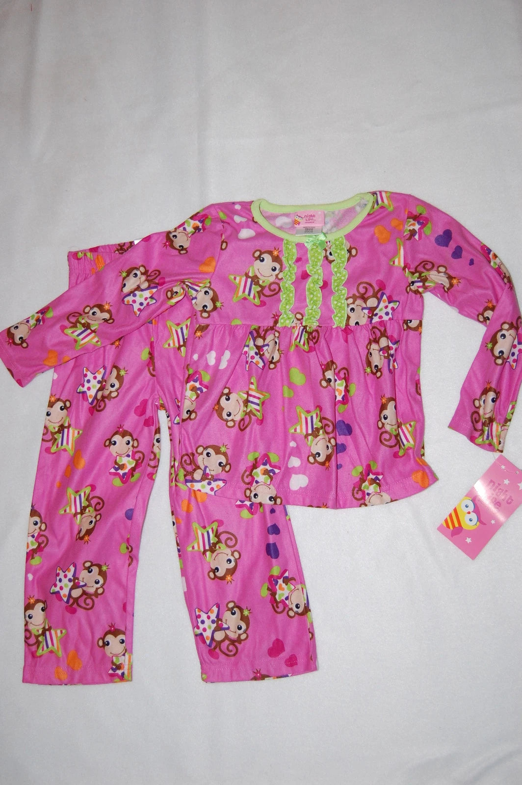 Toddler Girls Flannel Pajama Set PINK Monkeys Stars Ruffles 2T