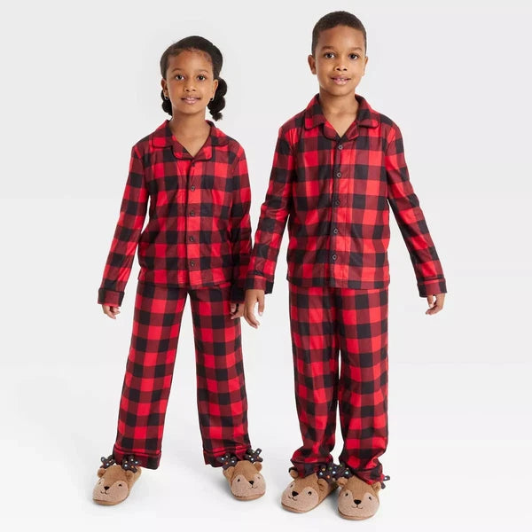 Kids' 2pc Button Up Pajama Set Cat & Jack™ Red Check Size XS (4/5) Flame Resista