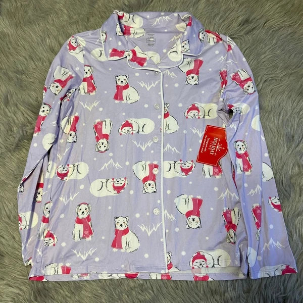 Holiday Time Three Piece Pajama Set Girls Size Large 10-12 Purple Polar Bear Pjs