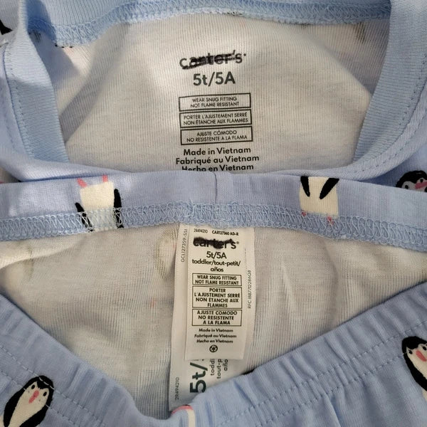NEW Carter's 4-Piece 100% Cotton Snug Fit Pajama Set Toddler 5T Blue Penguin Boy