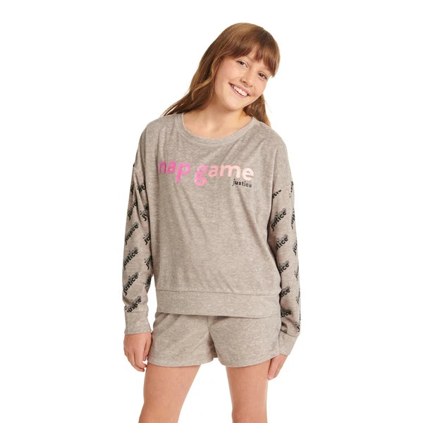 Justice Girls L 12-14 Cozy Fleece Long Sleeve Top & Sleep Short Pajama Set NWT