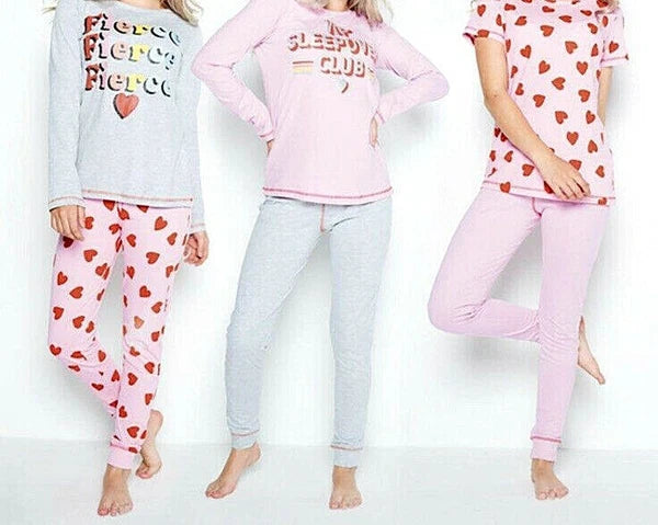 New Girls Pack of 3 Fierce Heart Pyjama Set Pink/Grey Marl Size 10-11 Years