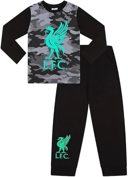 Boys Liverpool Football Club Black Green Camouflage Long Pyjama Set 6-7yrs